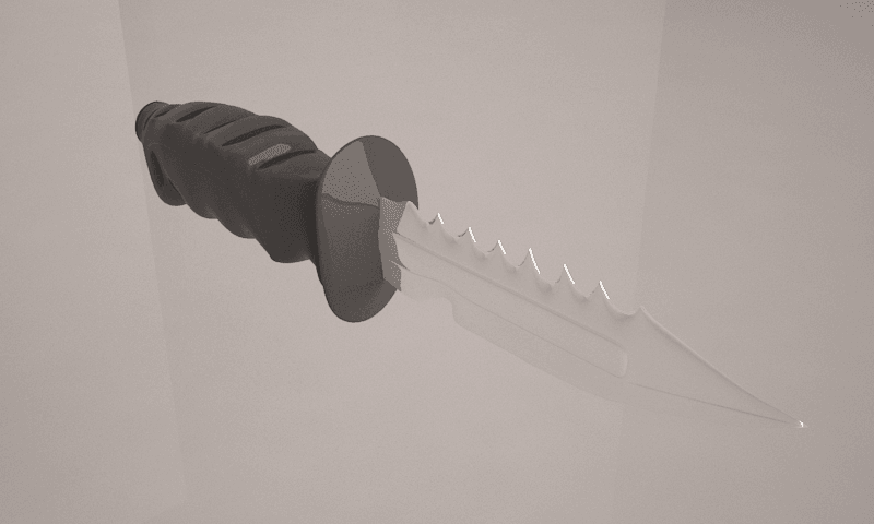 Detailed 3D render of a kitchen knife showing the blade, edge highlights, and handle materials.