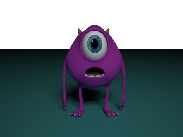 Stylised 3D character render reminiscent of Mike Wazowski with a single large eye, small horns, and a rounded purple body, standing against a dark teal background.