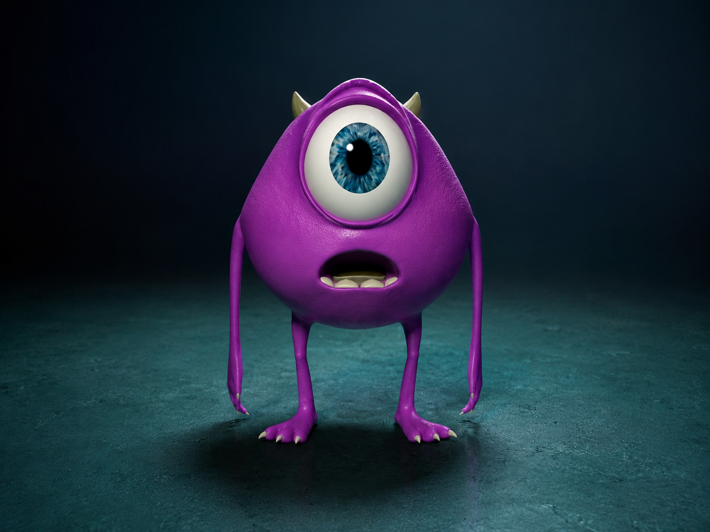 Stylised 3D character render reminiscent of Mike Wazowski with a single large eye, small horns, and a rounded purple body, standing against a dark teal background.