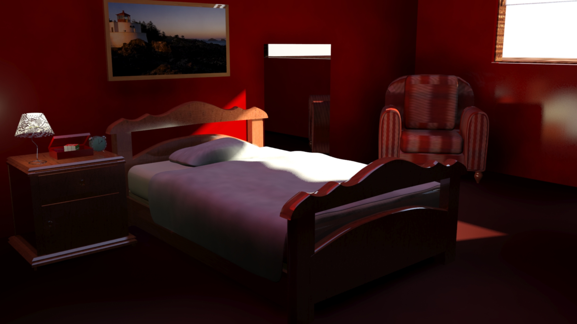Computer-generated 3D render of a softly lit bedroom interior with a bed, side table, and warm lighting.