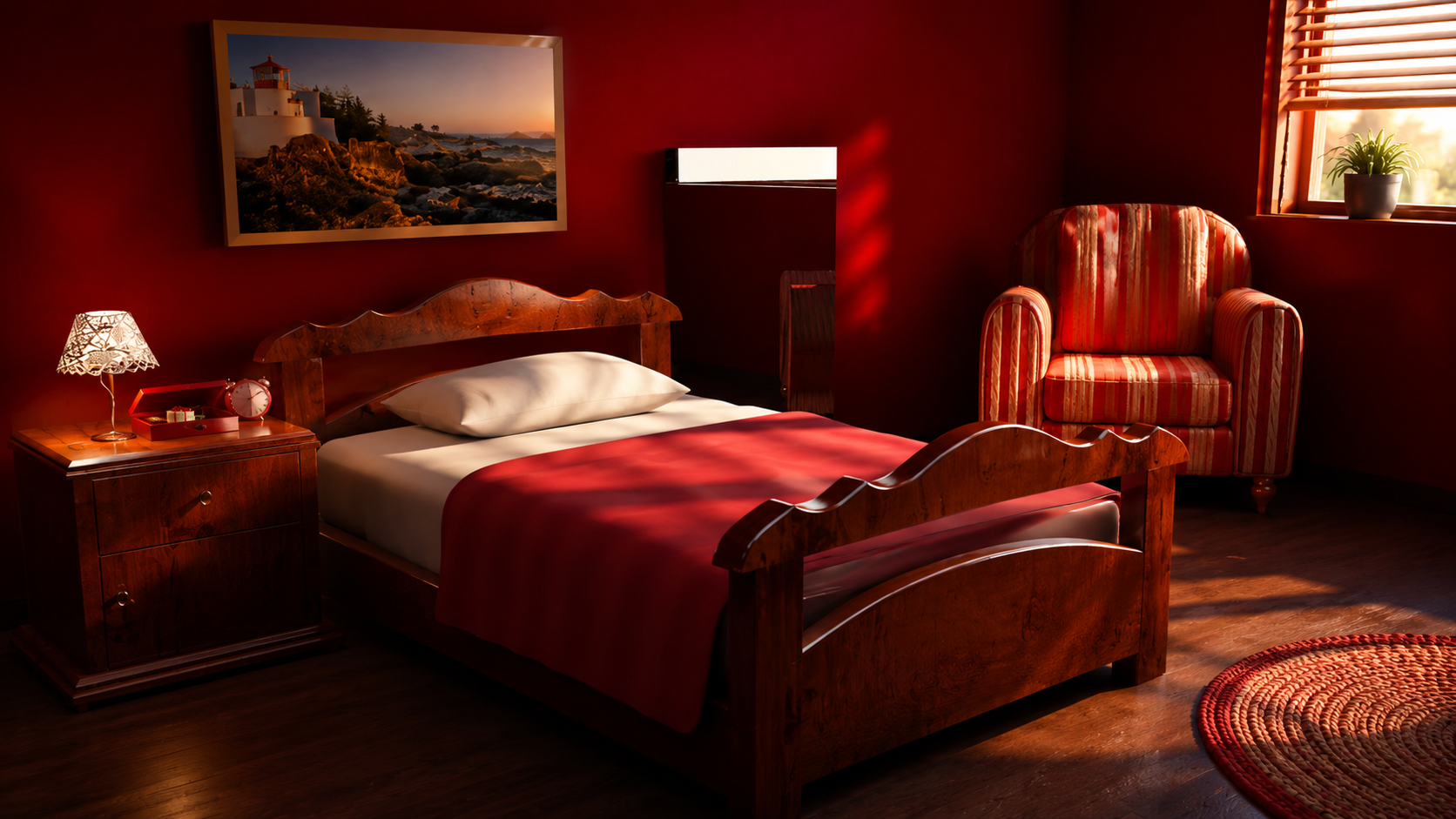 Computer-generated 3D render of a softly lit bedroom interior with a bed, side table, and warm lighting.