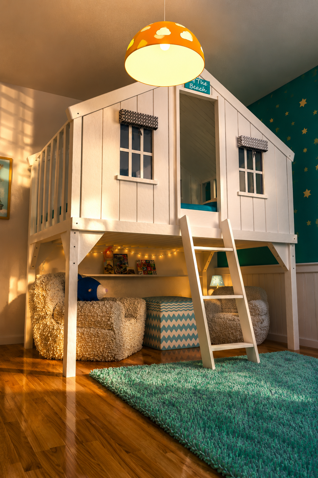 3D render of a brightly coloured children’s bedroom with toys, decorations, and playful furniture.