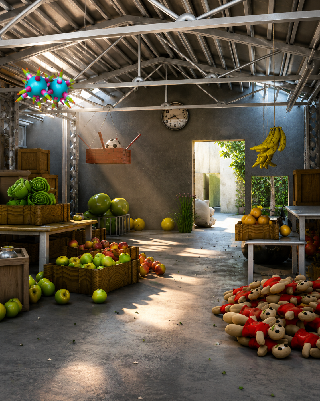 3D render of an outdoor market scene with stalls, produce, and atmospheric lighting.