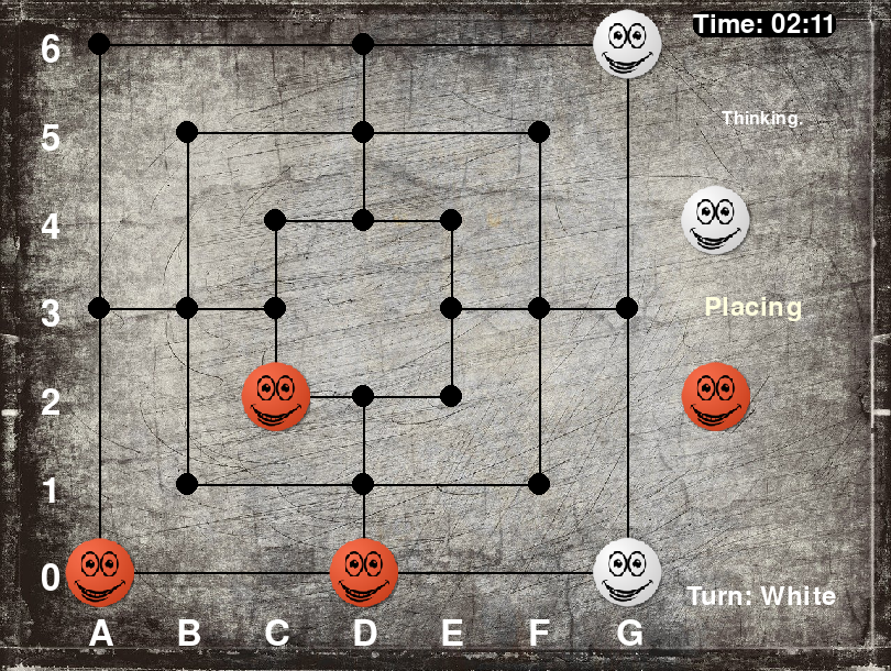 Noine board mid-game with orange and white pieces